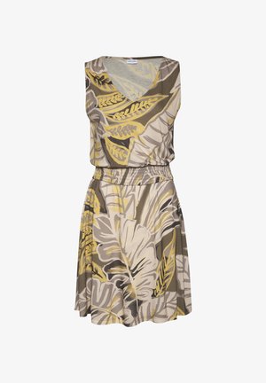 Kvetinové šaty s V-výstrihom, bez rukávov a elastickým pásom. Farby zahŕňajú béžovú, žltú, šedú a čierne listové vzory.