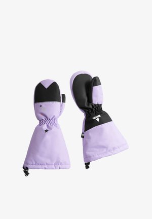 Manoplas aislantes en color púrpura y negro con puños elásticos, acento de estrella y palma con textura antideslizante. Tela exterior suave. Diseño de parte superior redondeada.