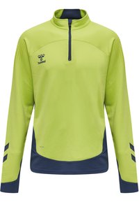 Zielony długi rękaw sweter z zamkiem błyskawicznym na ćwierć wysokości, granatowymi akcentami, textured shoulder panels i logo na piersi.