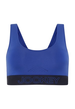 Blauer Sport-BH mit breiten Trägern, atmungsaktivem Perforationsmuster auf der Vorderseite und schwarzem elastischem Band mit dem Schriftzug "JOCKEY" in blauen Buchstaben.