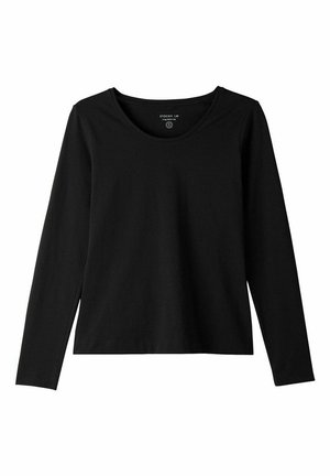 Zwarte langemouwen shirt met een ronde hals. Zacht materiaal, rechte snit en langere mouwen. Voorkeur voor een subtiele merklabel aan de binnenkant.