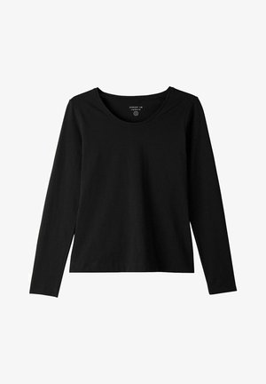 Zwarte langemouwen shirt met een ronde hals. Zacht materiaal, rechte snit en langere mouwen. Voorkeur voor een subtiele merklabel aan de binnenkant.