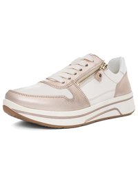 White and beige low-top sneaker with lace-up front, side zipper detail, and thick rubber sole.