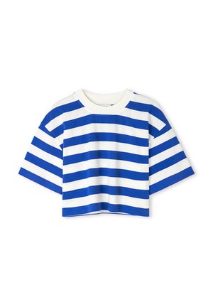 Blaue und weiße gestreifte, kurz geschnittene T-Shirt mit kurzen, weiten Ärmeln und einem runden Ausschnitt. Aus weichem Baumwollstoff gefertigt.