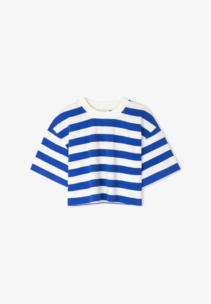 Blauw-wit gestreepte cropped t-shirt met korte, brede mouwen en een ronde halslijn. Gemaakt van zachte katoenstof.