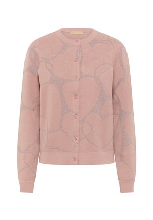 Rozā adīta kardigāna ar faktūru, kas ir rotāta ar sudraba cilpām, ar apaļu kakla izgriezumu un sešiem rozā pogām priekšpusē.