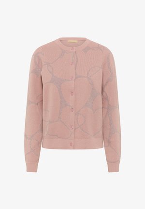 Rozā adīta kardigāna ar faktūru, kas ir rotāta ar sudraba cilpām, ar apaļu kakla izgriezumu un sešiem rozā pogām priekšpusē.