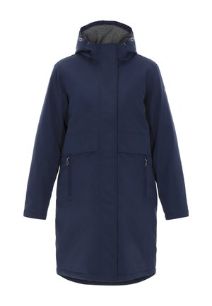 Marineblauwe waterdichte jas met een hoge kraag, verstelbare capuchon en ritszakken. Heeft een gladde buitenkant en een grijze gevoerde binnenkant.