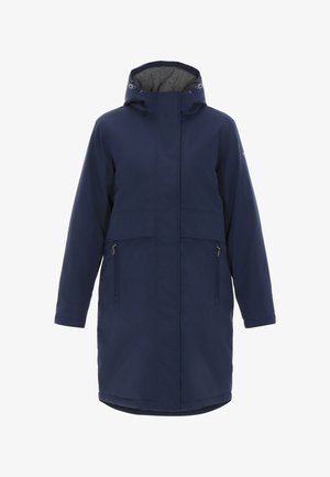 Manteau imperméable bleu marine avec un col haut, une capuche réglable et des poches zippées. Présente une texture extérieure lisse et un intérieur doublé gris.