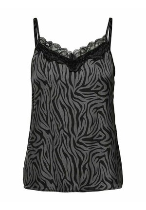 Camisole imprimée zèbre noire et grise avec fines bretelles et bordure en dentelle le long du décolleté en V.