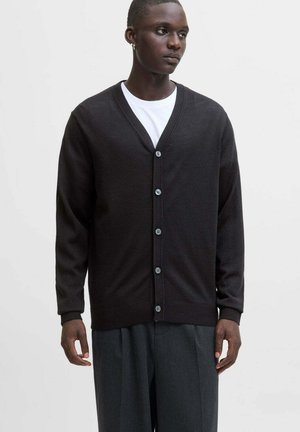 Giovane che indossa un cardigan nero con bottoni sopra una camicia bianca e pantaloni grigio scuro, in piedi contro uno sfondo chiaro e semplice.