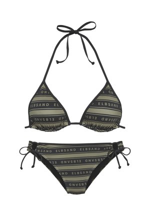 Dvojdielne zeleno-čierne plavky s vodorovnými pruhmi s logom ELBSAND, trojuholníkový top so šnúrkami na viazanie za krkom a spodný diel so šnúrkami na bokoch.