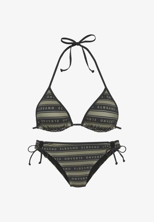 Tweedelig groene en zwarte bikini met horizontale ELBSAND-logo strepen, driehoekige top met halternekbandjes en broekje met zijknopen.