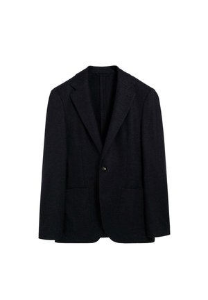 Blazer azul marino oscuro hecho de una mezcla de lana, con cierre de un solo botón, solapas con muesca y dos bolsillos delanteros tipo parche. Textura suave.