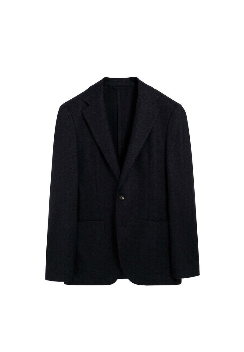 Blazer azul marino oscuro hecho de una mezcla de lana, con cierre de un solo botón, solapas con muesca y dos bolsillos delanteros tipo parche. Textura suave.