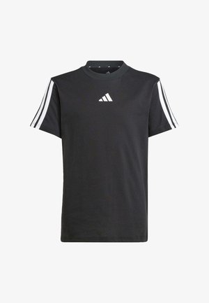 Juodas sportinis marškinėliai su apvalia iškirpte, trumpomis rankovėmis su baltomis juostelėmis ir mažas baltas logotipas ant krūtinės.