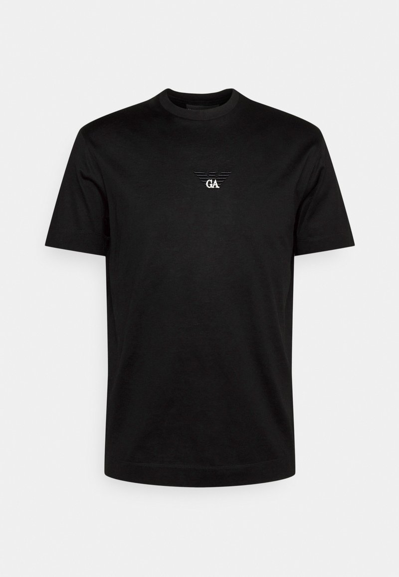 Czarny bawełniany t-shirt z okrągłym dekoltem, krótkimi rękawami i małym haftowanym logo z literami "GA" oraz skrzydłami na piersi.