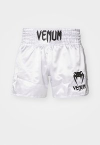 White satin boxing shorts with a black elastic waistband. Features a black "VENUM" logo on the waist and a logo graphic on the left leg.