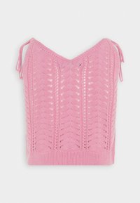 Top lavorato a maglia di colore rosa con scollatura a V, design senza maniche e dettagli con lacci sulle spalle. Motivo testurizzato con sezioni a grata.