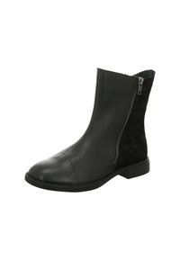 Schwarze Knöchelstiefel mit glattem Leder vorn und strukturiertem Stoff hinten, ausgestattet mit einem Seiteneingriff und einem runden Zehendesign. Flache Sohle.