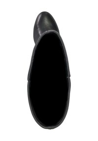 Black ankle boot with a smooth, glossy leather finish. Features a rounded toe and a stitched seam around the opening. Interior is dark.