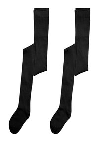 Svarta knähöga strumpor tillverkade av ett mjukt, stretchigt tyg. Slät textur med förstärkta tå- och hälområden, med en elastisk toppband.