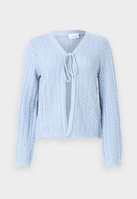 Cardigan lavorato a maglia azzurro chiaro con orlo ad arco, maniche lunghe e chiusura con nodo frontale. Presenta un motivo traforato in tutto il capo.
