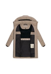 Beige polstret vinterjakke med hætte, åbnet for at vise sort indvendig foret, to inderlommer og en mærketiket indeni.