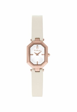 Achthoekig horloge in roségoud met witte wijzerplaat, minimale markeringen, Furla-logo en beige leren band.