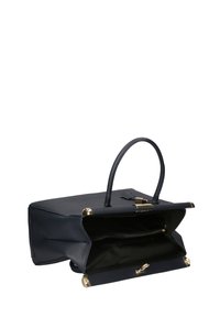 Borsa a tracolla in pelle blu navy con una forma strutturata, dettagli in hardware dorato, manico singolo e un interno aperto che presenta una tasca con cerniera.