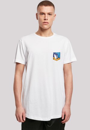 White cotton t-shirt with short sleeves, featuring a small pocket with a colorful cartoon character graphic on the left chest area.