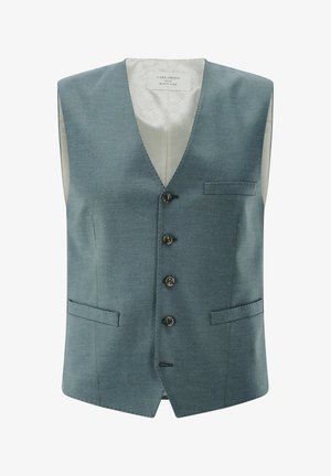 Blaues ärmelloses Weste mit V-Ausschnitt, fünf Knöpfen, zwei seitlichen Taschen und einem glatten Innenfutter. Hat eine subtile Textur und eine taillierte Passform.