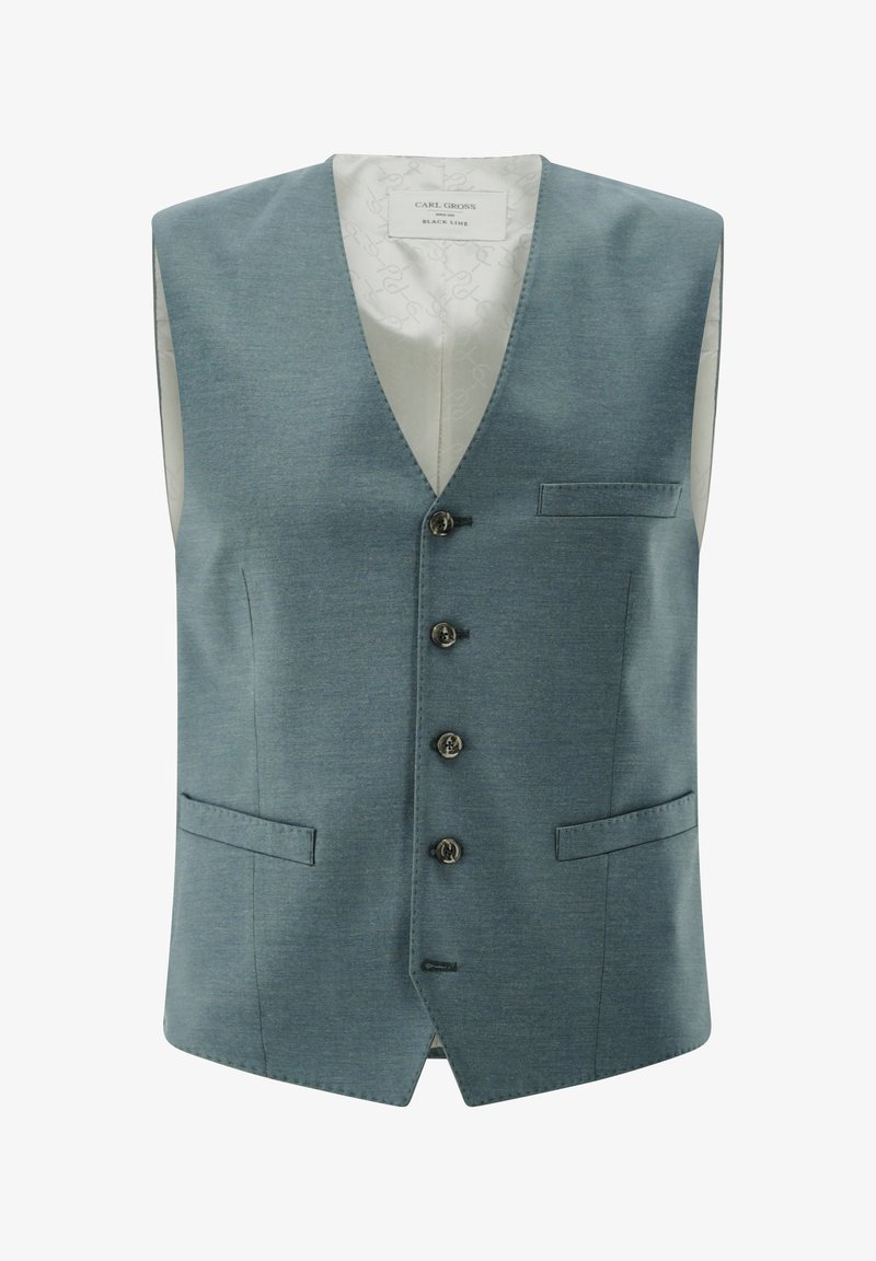 Blaues ärmelloses Weste mit V-Ausschnitt, fünf Knöpfen, zwei seitlichen Taschen und einem glatten Innenfutter. Hat eine subtile Textur und eine taillierte Passform.