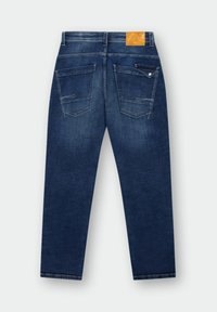 Donkerblauwe denim jeans met een rechte pasvorm, zichtbare achterzakken en een bruin leren label op de tailleband. Vervaagde accenten overal.