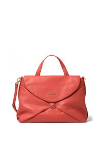 Coral leather handbag with a fold-over flap, golden hardware, woven accents, and a round button closure. Features double handles and a detachable strap.