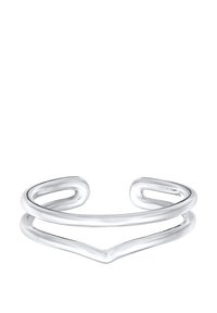 Sølvjusterbar ring med et minimalistisk dobbeltbåndsdesign og en chevronform foran, der har en glat, poleret metaloverflade.