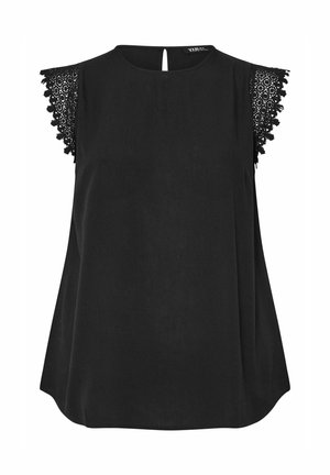 Blusa nera senza maniche con scollo rotondo e dettagli in pizzo sulle spalle, con una piccola chiusura posteriore con bottone.