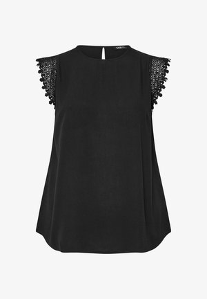 Blusa negra sin mangas con escote redondo y detalles de encaje en los hombros, con un pequeño cierre de botón en la espalda.