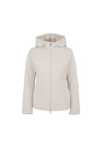 Giacca beige con cappuccio e chiusura frontale a zip, realizzata in materiale leggero e liscio. Presenta tasche laterali e una leggera texture sulle maniche.
