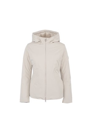 Beżowa kurtka z kapturem, zapinana z przodu na zamek, wykonana z gładkiego, lekkiego materiału. Posiada boczne kieszenie oraz delikatną teksturę na rękawach.