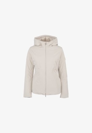 Beżowa kurtka z kapturem, zapinana z przodu na zamek, wykonana z gładkiego, lekkiego materiału. Posiada boczne kieszenie oraz delikatną teksturę na rękawach.