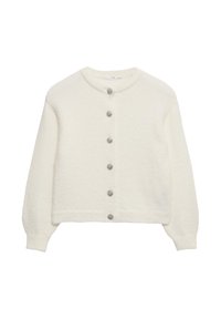 Cardigan a maniche lunghe color crema con sei bottoni decorativi floreali argentati sul davanti e un colletto a girocollo a coste.