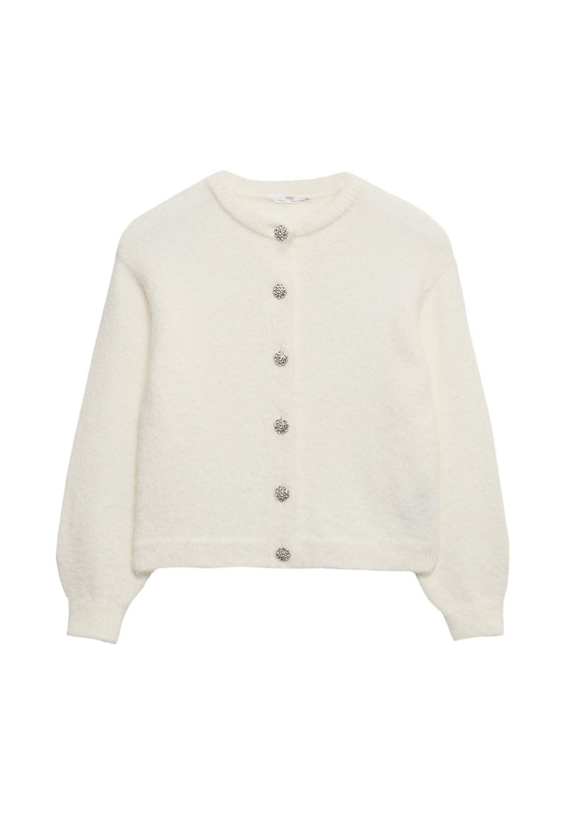 Cardigan a maniche lunghe color crema con sei bottoni decorativi floreali argentati sul davanti e un colletto a girocollo a coste.