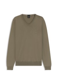 Olivgrüner V-Ausschnitt-Pullover mit langen Ärmeln, gerippten Bündchen und Saum, kleines "BOSS"-Logo auf der linken Brust gestickt.