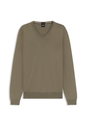 Olive green v-neck long-sleeve sweater with ribbed cuffs and hem, small "BOSS" logo embroidered on the left chest.