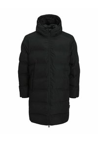Schwarze gepolsterte Jacke mit hohem Kragen und Kapuze, ausgestattet mit einem Frontreißverschluss, langen Ärmeln und gerader Schnittführung. Glatte, matte Textur.