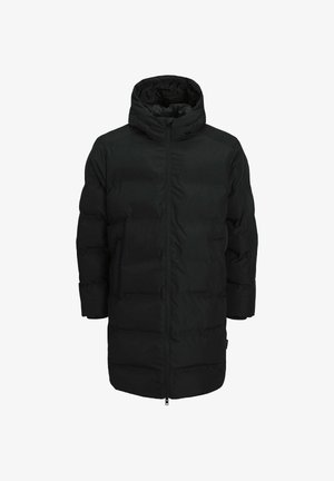 Cappotto imbottito nero con colletto alto e cappuccio, dotato di zip frontale, maniche lunghe e taglio dritto. Texture liscia e opaca.