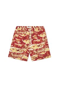 Pantaloni da bagno rossi con un motivo paesaggistico giallo e beige, vita elastica con cordino e tessuto liscio.