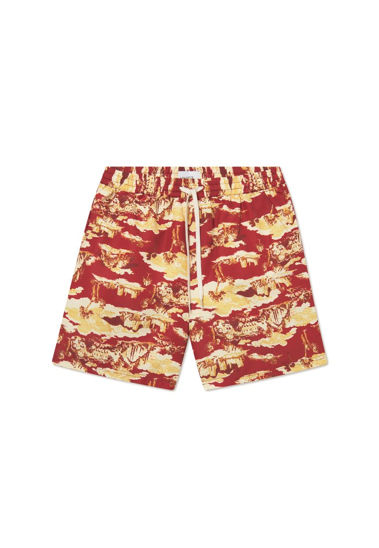 Pantaloni da bagno rossi con un motivo paesaggistico giallo e beige, vita elastica con cordino e tessuto liscio.