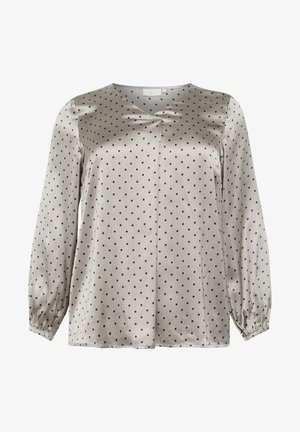 Lichtgrijze satijnen blouse met zwarte stippen, v-hals en lange, elastische mouwen. Glad van textuur en ontspannen pasvorm.